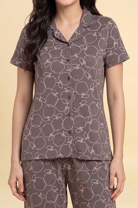 Zivame Apple Print Knit Cotton Pyjama Set - Dark Gull Gray — image 5